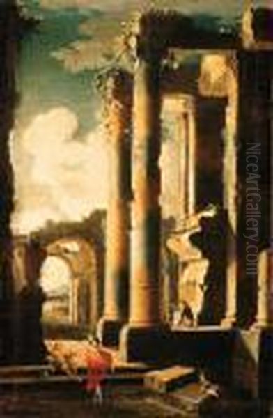 Capricci Of Figures Amongs Classical Ruins Oil Painting by Leonardo Coccorant