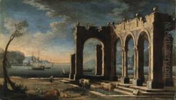 A Capriccio Of Architectural 
Ruins With A Dutch Frigate And Othershipping In A Bay Beyond Oil Painting by Leonardo Coccorant