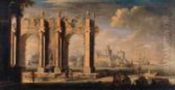 Figures Amongst Classical Ruins, A Port Beyond Oil Painting by Leonardo Coccorant