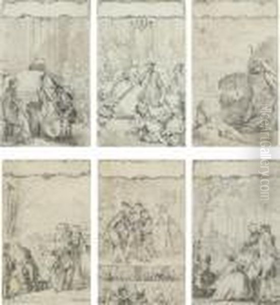 Suite De Six Dessins 
Representant Des Scenes Galantes, Des Acteurs De Theatre Ou Des 
Mucisiens Oil Painting by Charles-Nicolas I Cochin