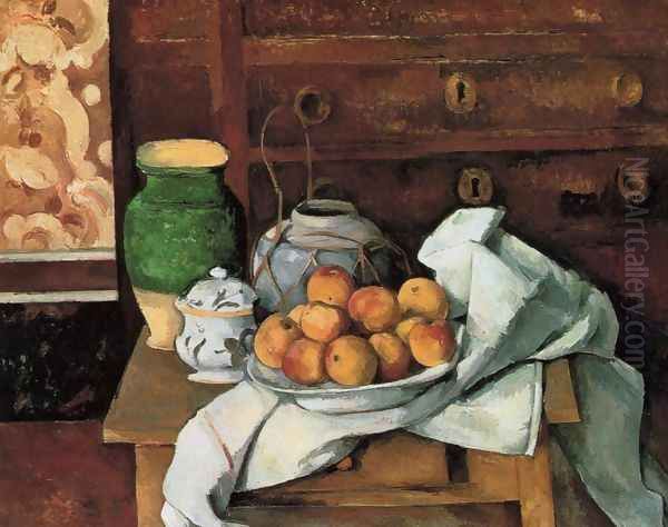 Vessels Fruit And Cloth In Front Of A Chest Oil Painting by Paul Cezanne