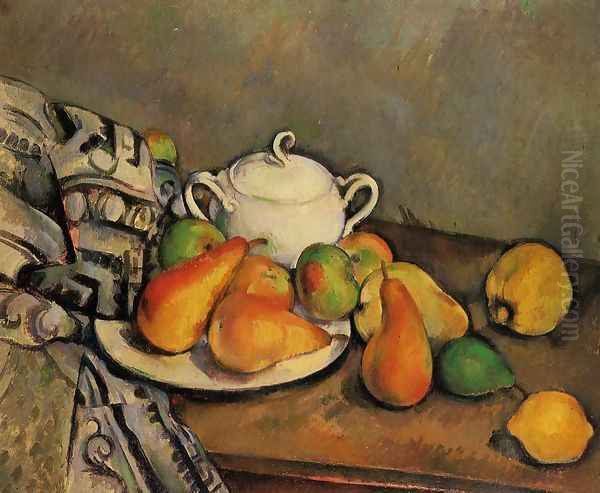 Sugarbowl Pears And Tablecloth Oil Painting by Paul Cezanne