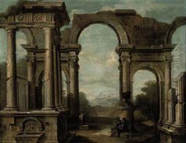 An Architectural Capriccio With Figures Beneath An Arch Oil Painting by Nicolo Viviani Codazzi