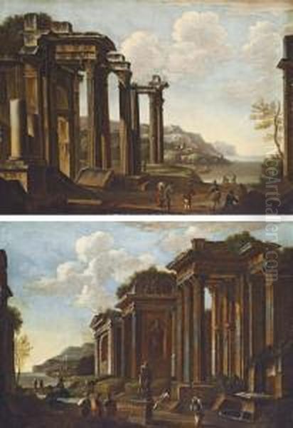 A Capriccio Of Classical Ruins 
Near The Coast, With Figures; And A Capriccio With Figures Amongst 
Classical Ruins Oil Painting by Nicolo Viviani Codazzi