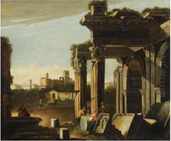 A Capriccio Of Classical Ruins With Peasants Resting Oil Painting by Nicolo Viviani Codazzi