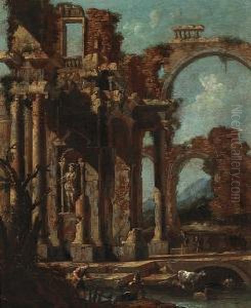 An Architectural Capriccio With Figures In Ruins; Also A Companion Capriccio (a Pair) Oil Painting by Nicolo Viviani Codazzi