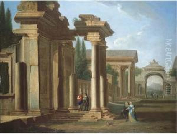 A Capriccio Of Classical Ruins With Elegant Figures Promenading Oil Painting by Nicolo Viviani Codazzi