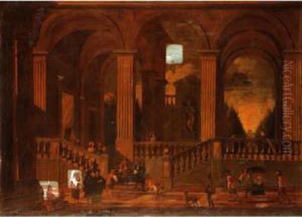 Architectural Capriccio Of The Interior Of A Palace With Elegant Company Promenading Oil Painting by Nicolo Viviani Codazzi