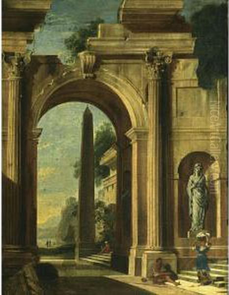 An Architectural Capriccio Of A 
Classical Building With An Obelisk, With A Beggar And A Washerwoman On 
The Stairs And A View Of A Temple Beyond Oil Painting by Nicolo Viviani Codazzi