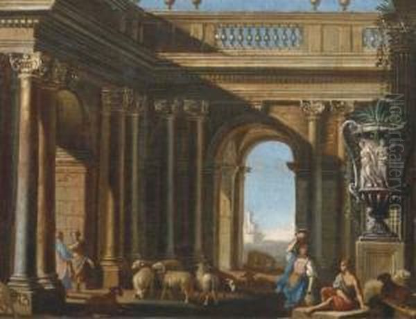 An Architectural Capriccio With Figures Conversing By A Classicalroman Vase Oil Painting by Domenico (Micco Spadaro) Gargiulo