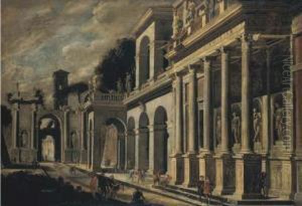 Capriccio Architettonico Con 
Edifici Classici Con Pronao A Colonnato Corinzio E Statue, E Arco 
Trionfale Oil Painting by Domenico (Micco Spadaro) Gargiulo