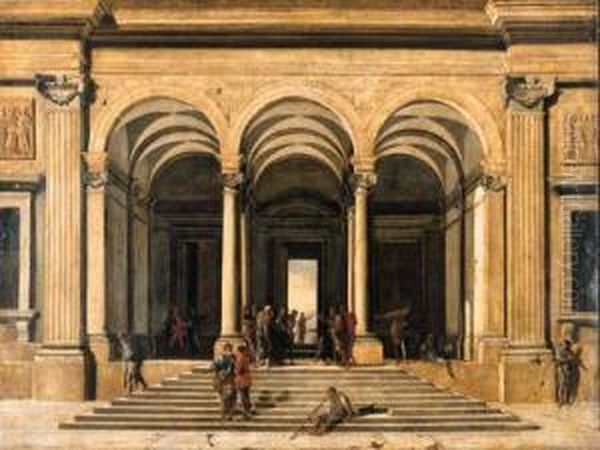 A Classical Loggia With Christ And The Woman Taken Inadultery Oil Painting by Domenico (Micco Spadaro) Gargiulo