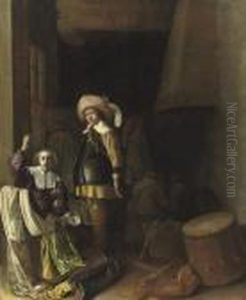 A Soldier In A Guardroom, With A Girl Holding Up A Pearl Necklace Oil Painting by Pieter Codde