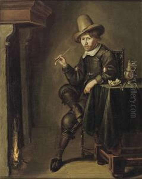 A Young Man Smoking A Pipe Near A Fireplace Oil Painting by Pieter Codde