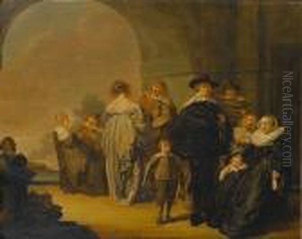 An Elegant Company On A Terrace, An Arch Opening To A Landscape Beyond Oil Painting by Pieter Codde