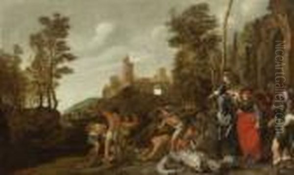 Konig Manasseh Lasst Vor Den Toren
 Jerusalems Die Gotzenbilder Zerstoren Oil Painting by Pieter Codde