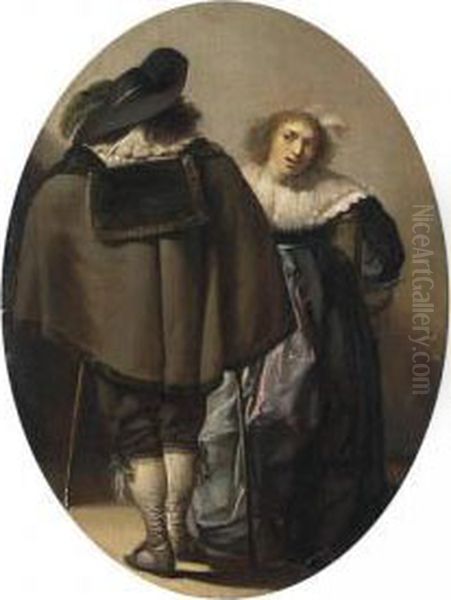 An Elegant Couple Conversing In An Interior Oil Painting by Pieter Codde