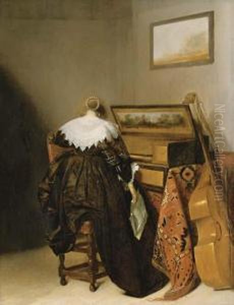 A Lady Seated At A Virginal Holding A Letter Oil Painting by Pieter Codde