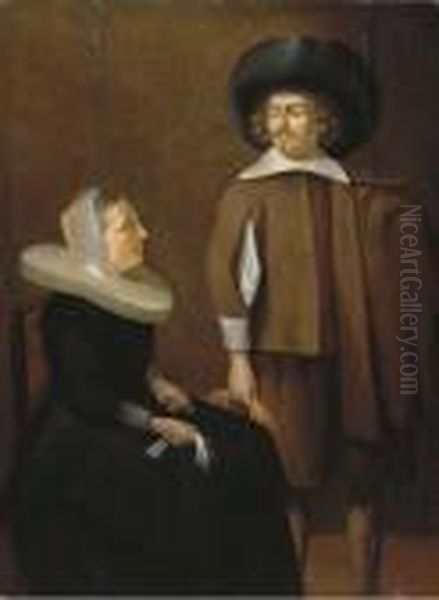 An Elegant Couple In An Interior Oil Painting by Pieter Codde