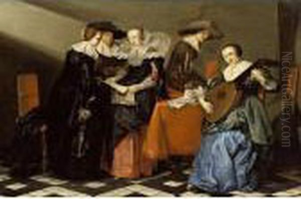 An Interior With A Lady Playing A Lute And Elegant Figures Singing Around A Table Oil Painting by Pieter Codde