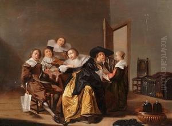 An Elegant Company Making Music In An Interior Oil Painting by Pieter Codde