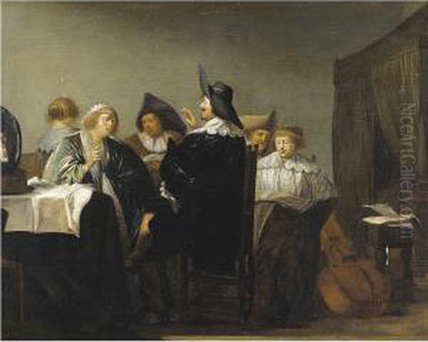 Elegant Figures In An Interior Oil Painting by Pieter Codde