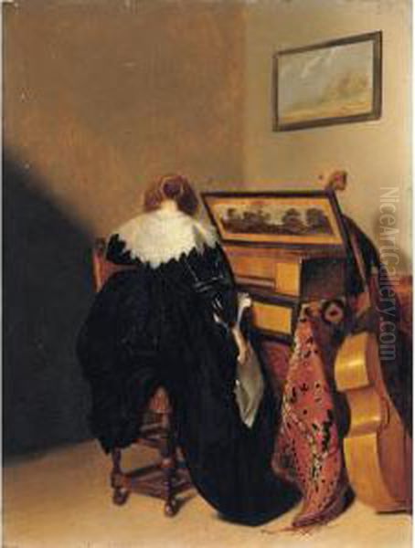 An Interior With A Lady Seated At Virginals, Seen From Behind, A Oil Painting by Pieter Codde