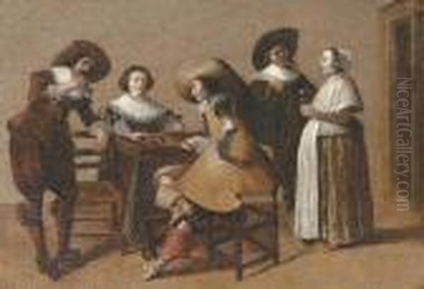 An Elegant Company Drinking And Playing Backgammon In An Interior Oil Painting by Pieter Codde