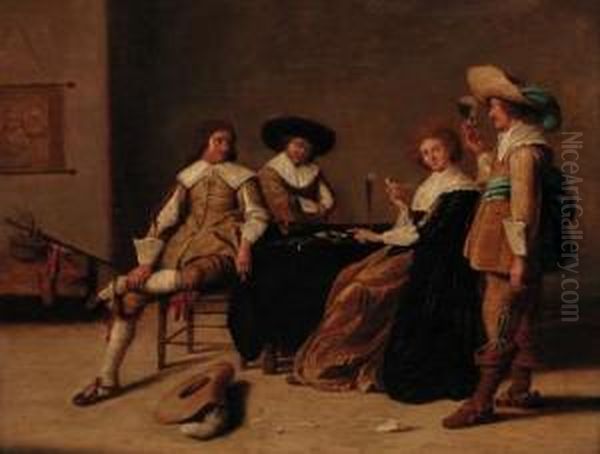 Elegant Company Smoking And Drinking In An Interior Oil Painting by Pieter Codde