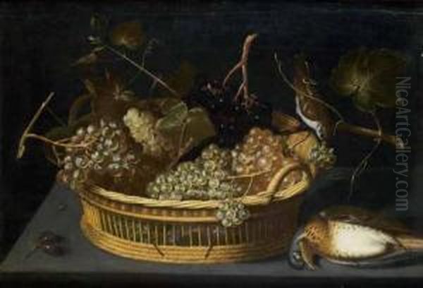 Cesta Di Vimini Con Tralci D'uva E Uccelli Oil Painting by Francesco Codino