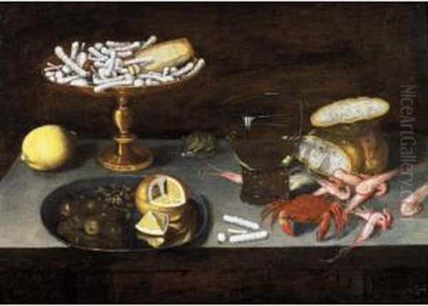 Still Life Of Sweetmeats On A 
Gilt Tazza, A Lemon, A Pewter Plate With Olives, Capers And A Lemon, A 
Roemer, A Bread-roll, Shrimps And A Crab, Together With A Mouse, All 
Upon A Table-top Oil Painting by Francesco Codino