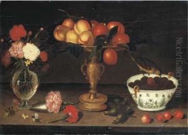 Peaches And Plums In A Tazza And
 A Finch Eating Blackberries From Aporcelain Bowl With Gilt Handles And A
 Facon-de-venise Vase Withcarnations And Wallflowers, On A Ledge With 
Cherries, Seedheads,pine Needles And A Butterfly Oil Painting by Francesco Codino