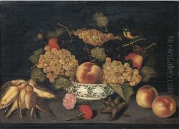 Pears, A Peach And Grapes With A
 Bluetit In A Porcelain Bowl On Aledge With Dead Finches, Carnation 
Heads, Seedheads, Andpeaches Oil Painting by Francesco Codino