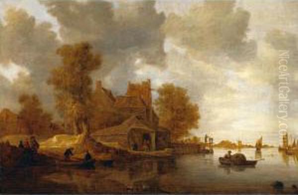 River Landscape With A Village And A Ferry-boat Oil Painting by Jan Coelenbier