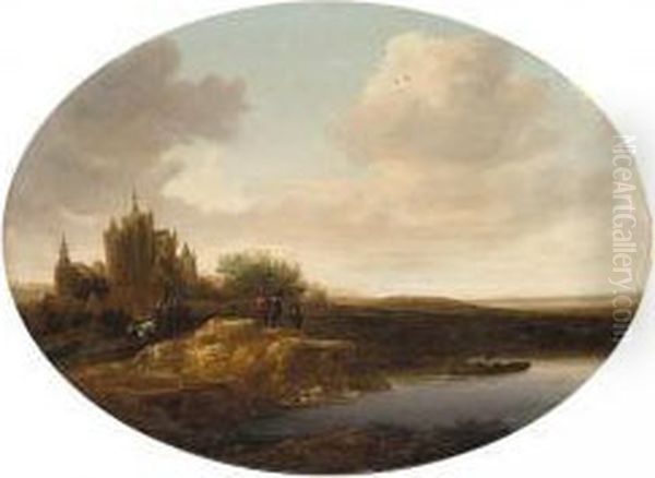 River Landscape With A Horse-drawn Cart And Figures On A Bank, A Fisherman Nearby Oil Painting by Jan Coelenbier