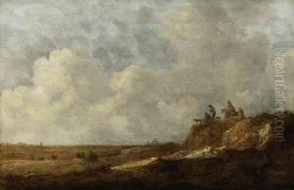 An Extensive Landscape With Peasants On A Sandy Bluff, A Church Inthe Distance Oil Painting by Jan Coelenbier