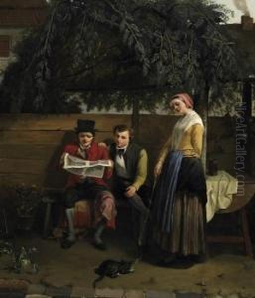 Reading The Newspaper In The Arbour. Signed To The Right On The Table Leg: C. Coene Oil Painting by Constantin Fidele Coene