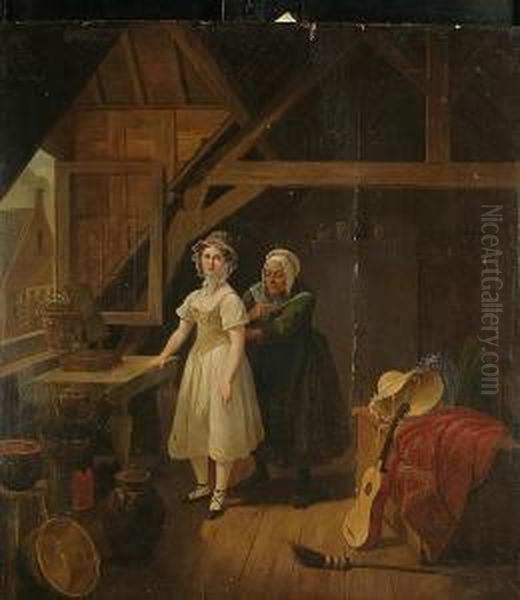 An Interior Scene With A Maid Sewing A Lady Into A Corset Oil Painting by Constantin Fidele Coene