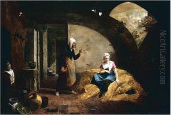 Women Seated In Cellar Oil Painting by Constantin Fidele Coene