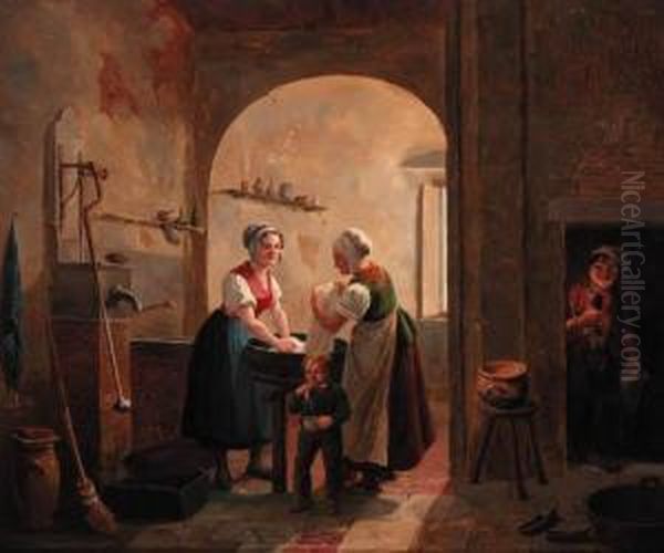 Washerwomen In A Sunlit Basement With A Young Boy Blowingbubbles Oil Painting by Constantin Fidele Coene