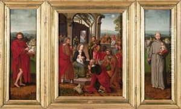 Triptychon. Mittelbild: Die
 Anbetung Der Konige. Innenseite Der Seitenflugel: Johannes Der
 Taufertriptychon. Mittelbild: Die
 Anbetung Der Konige. Innenseite Der Seitenflugel: Johannes Der
 Taufer Bzw. Der Hl. Antonius. Ausenseite Der
 Seitenflugel Oil Painting by Marcellus Coffermans