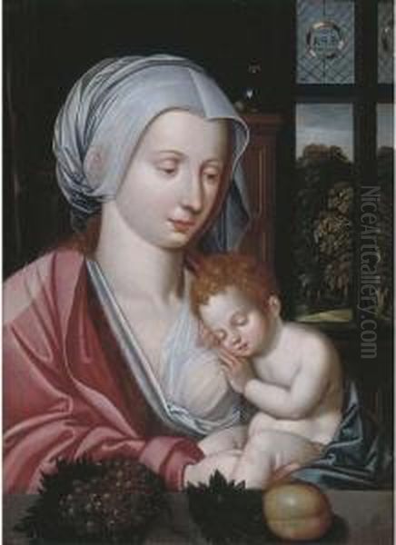 The Virgin And Child In An Interior, A Landscape Beyond Oil Painting by Marcellus Coffermans