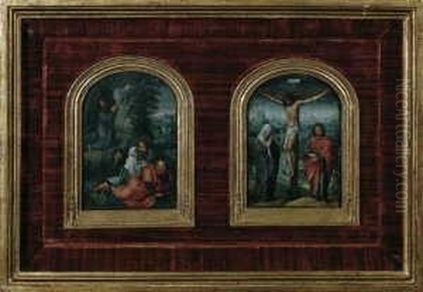 Zwei Gemalde (diptychon). 1. 
Christus Und Die Schlafenden Junger Am Olberg. 2. Die Kreuzigung 
Christi. Oil Painting by Marcellus Coffermans