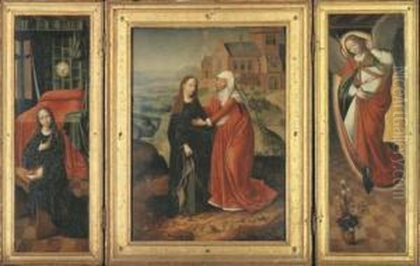 A Triptych: Central Panel: The 
Visitation; Left Wing: The Virgin Annunciate; Right Wing: The Angel Of 
The Annunciation Oil Painting by Marcellus Coffermans