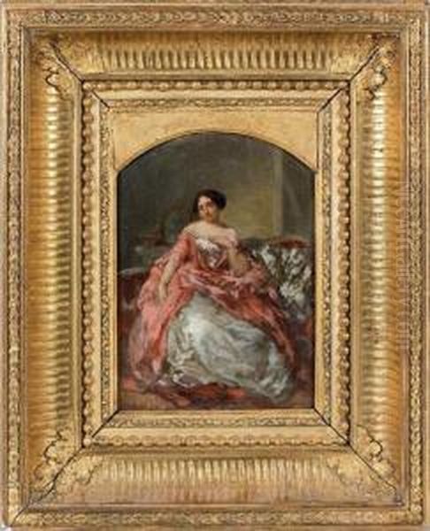 Portrait De Femme A La Robe Rose Oil Painting by Leon Cogniet