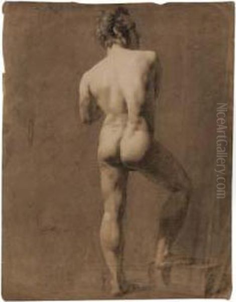 A Standing Male Nude Academy Oil Painting by Leon Cogniet