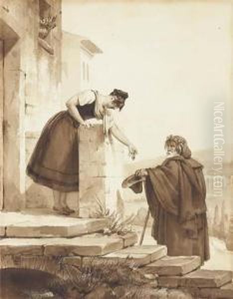 Une Femme Penchee Donnant Une Piece A Un Mendiant Sur Le Perrond'une Maison Oil Painting by Leon Cogniet