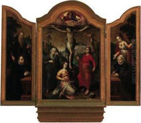 A Triptych: The Crucifixion With
 The Virgin, Mary Magdalene Andsaint John The Evangalist; The Left Wing:
 Saint Anthony Abbot Witha Male Donor; The Right Wing: Saint Catherine 
With A Femaledonor Oil Painting by Gillis Coignet