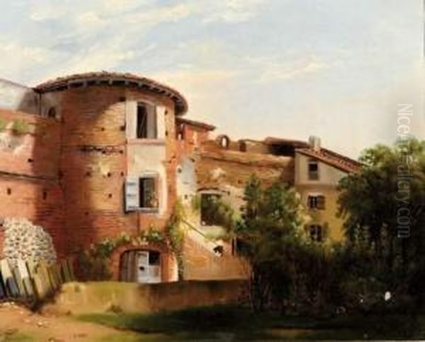 Maison En Briques Roses En Italie. Oil Painting by Jules Louis Phillipe Coignet