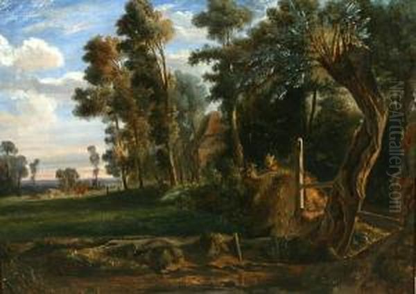 Cattle By A Woodland Cottage Oil Painting by Jules Louis Phillipe Coignet